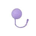 Colourful cat toy ball with an attached rope, shown in green, pink, purple, and yellow.