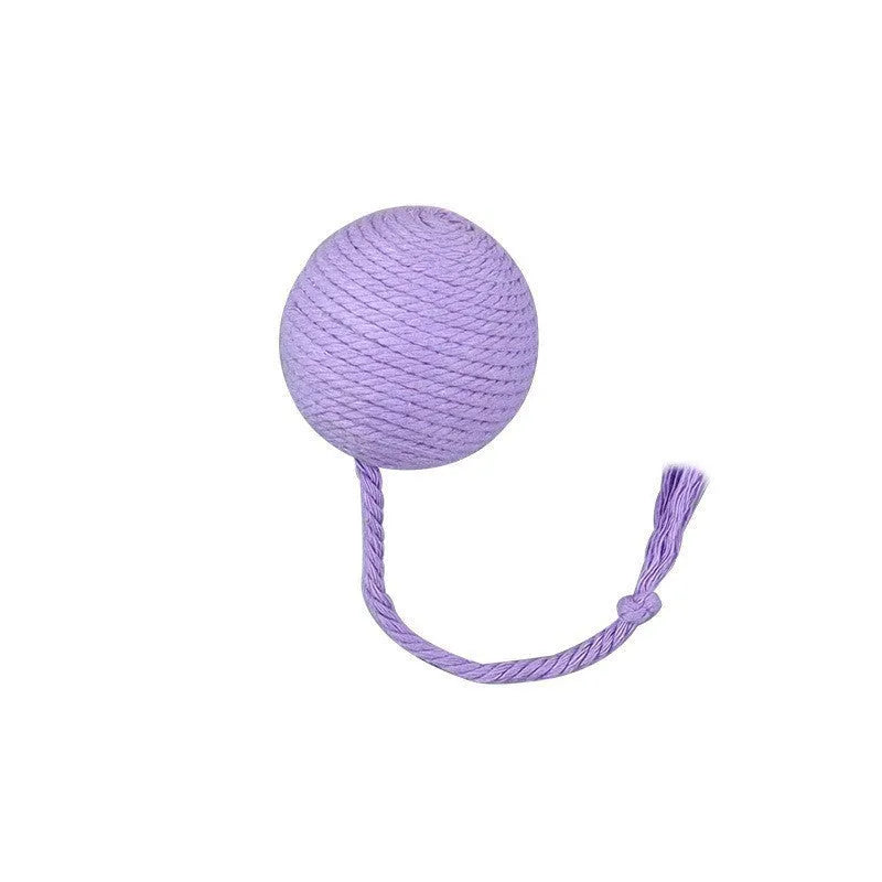Colourful cat toy ball with an attached rope, shown in green, pink, purple, and yellow.