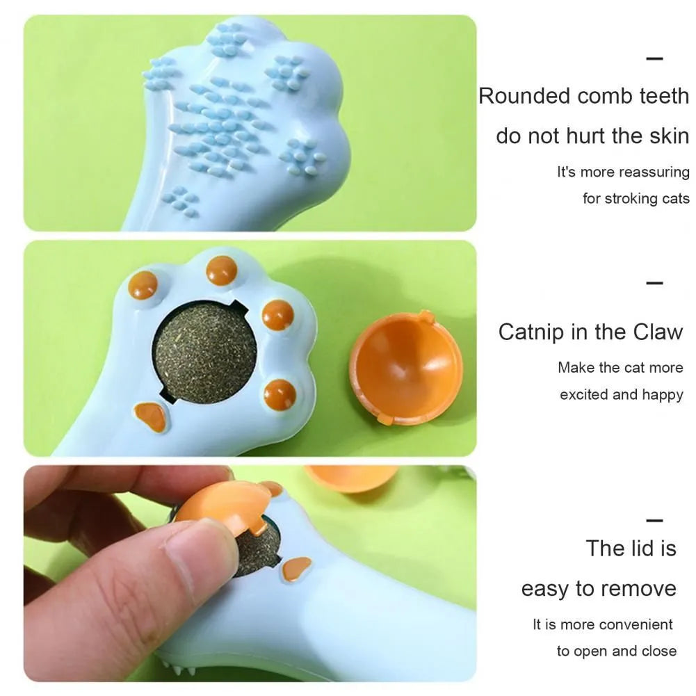Cartoon design cat grooming comb and dental toy with catnip compartment and dust-proof cover