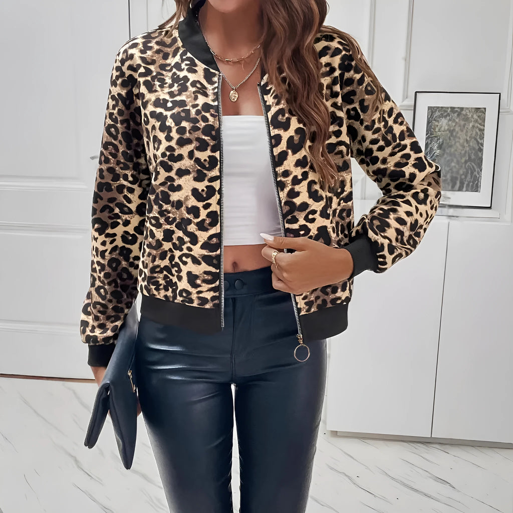 Women's leopard print polyester fashion jacket with long sleeves, shown in front view