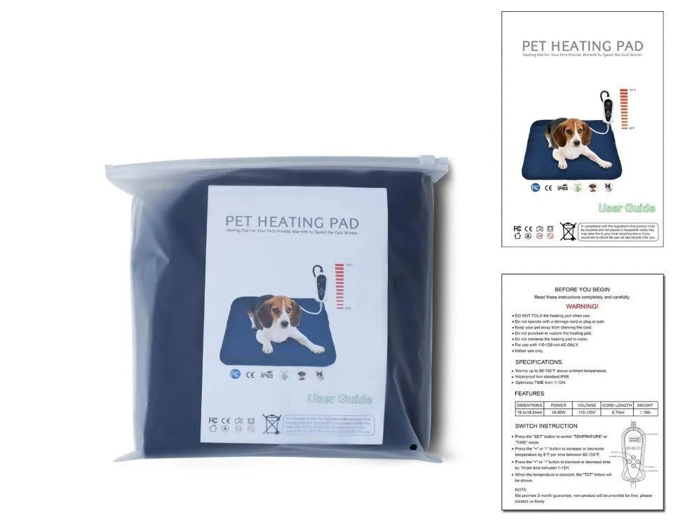 Small blue cloth pet electric blanket, 34x44cm, US plug, for cats and small dogs.