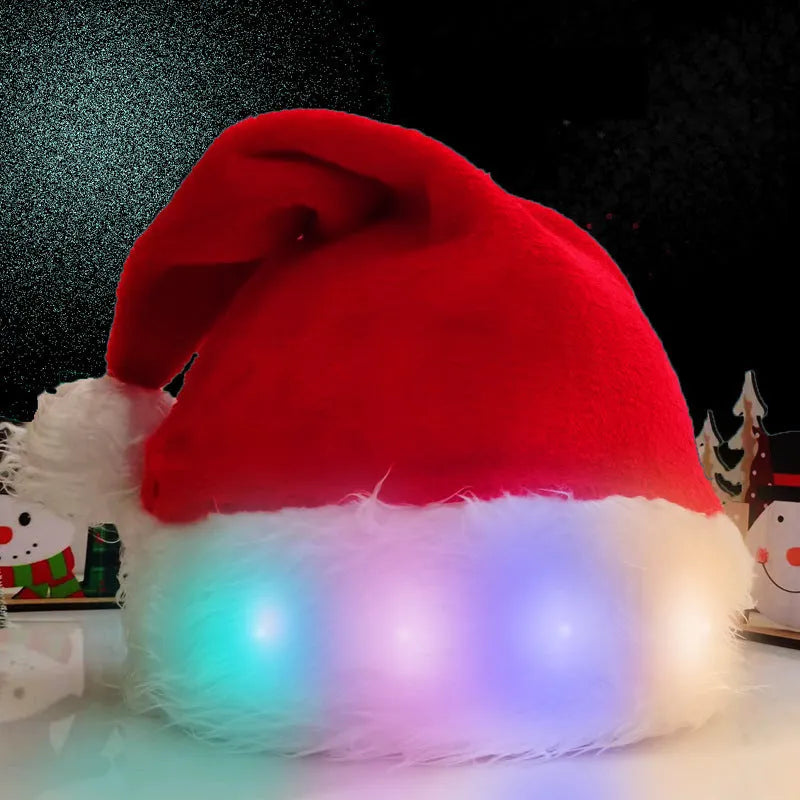 Red and white plush Santa hat with integrated multi-colour LED lights glowing
