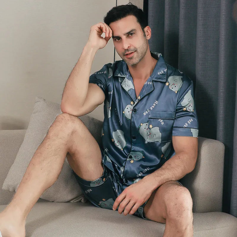 Men's ice silk short sleeve pyjamas set cardigan style in picture colour