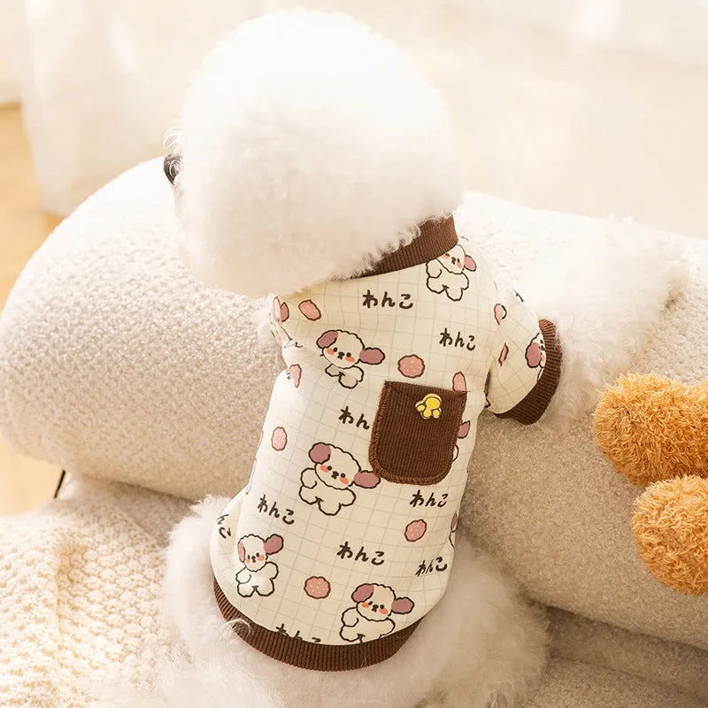 Warm velvet two-legged pet clothing with pockets, blue and brown, for small dogs and cats