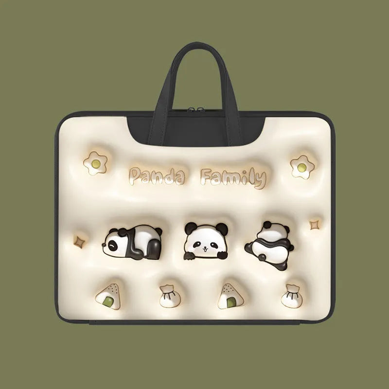 Inflatable PU leather laptop bag with cartoon design hanging from suitcase handle
