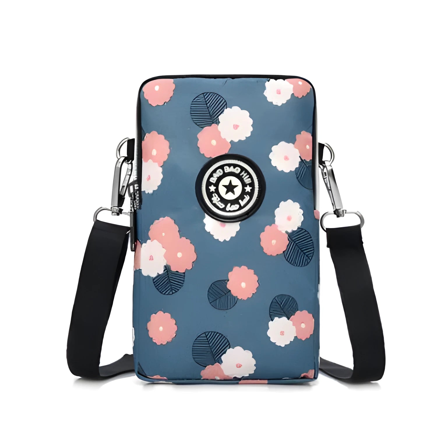 Vertical mobile phone bag in black with Oxford Spinning texture and zipper closure
