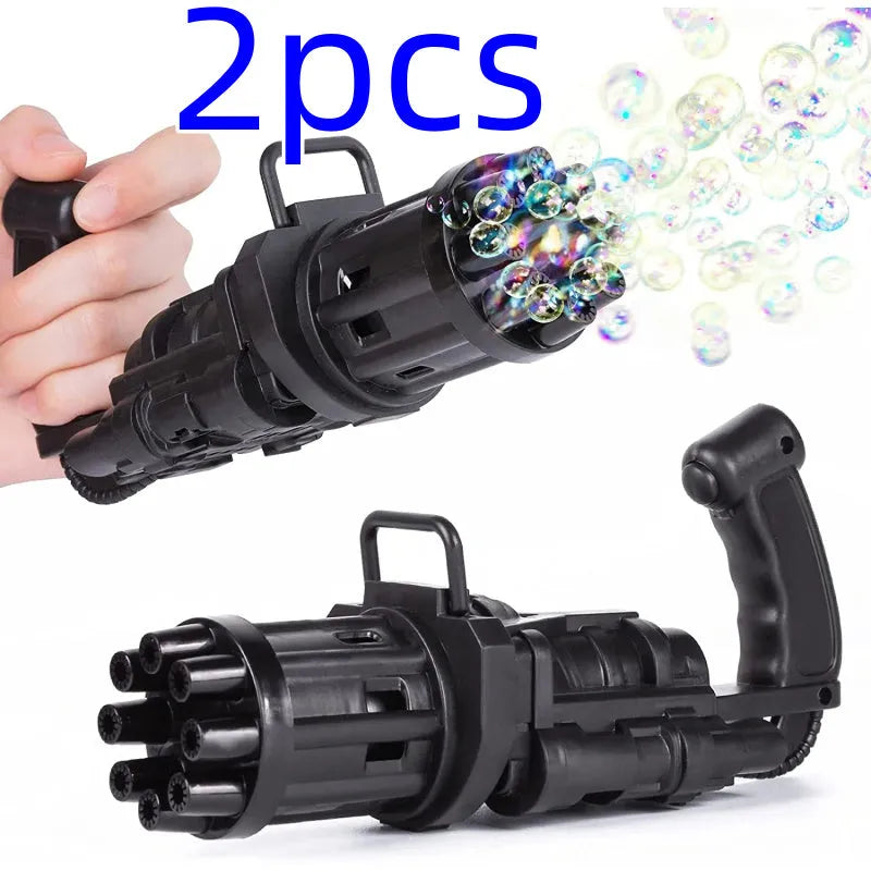 Kids pink bubble machine gun toy with leaf blower design on green grass