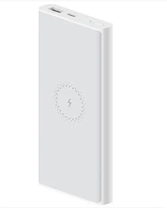 White or black 10000mAh capacity power bank showing USB-C port and wireless charging symbol