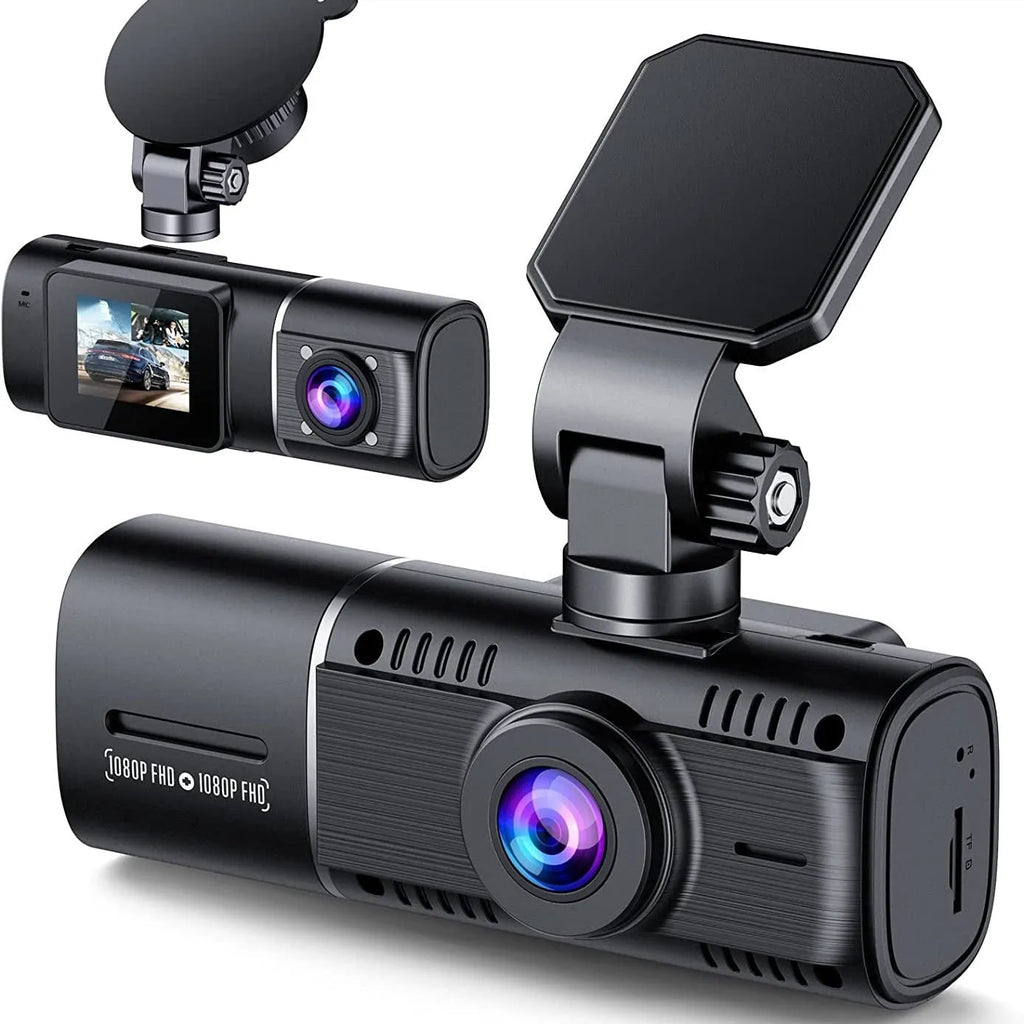 Black dual-channel dash cam with 1.5-inch screen mounted on car windscreen, showing front and rear view.