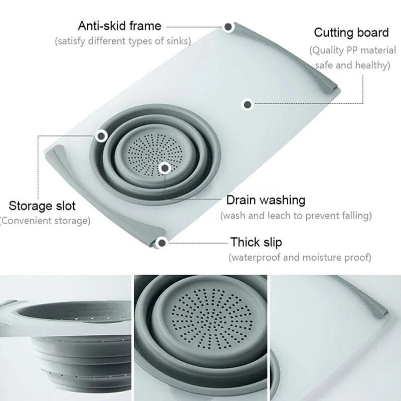 Grey multi-functional chopping board with detachable drain basket showing 50cm cutting surface
