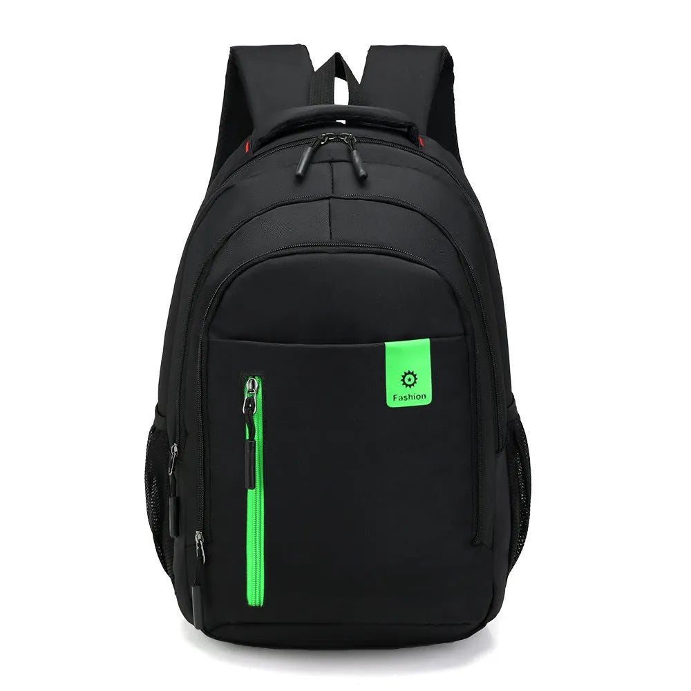 Blue Oxford fabric school backpack with padded black shoulder straps and side pockets.