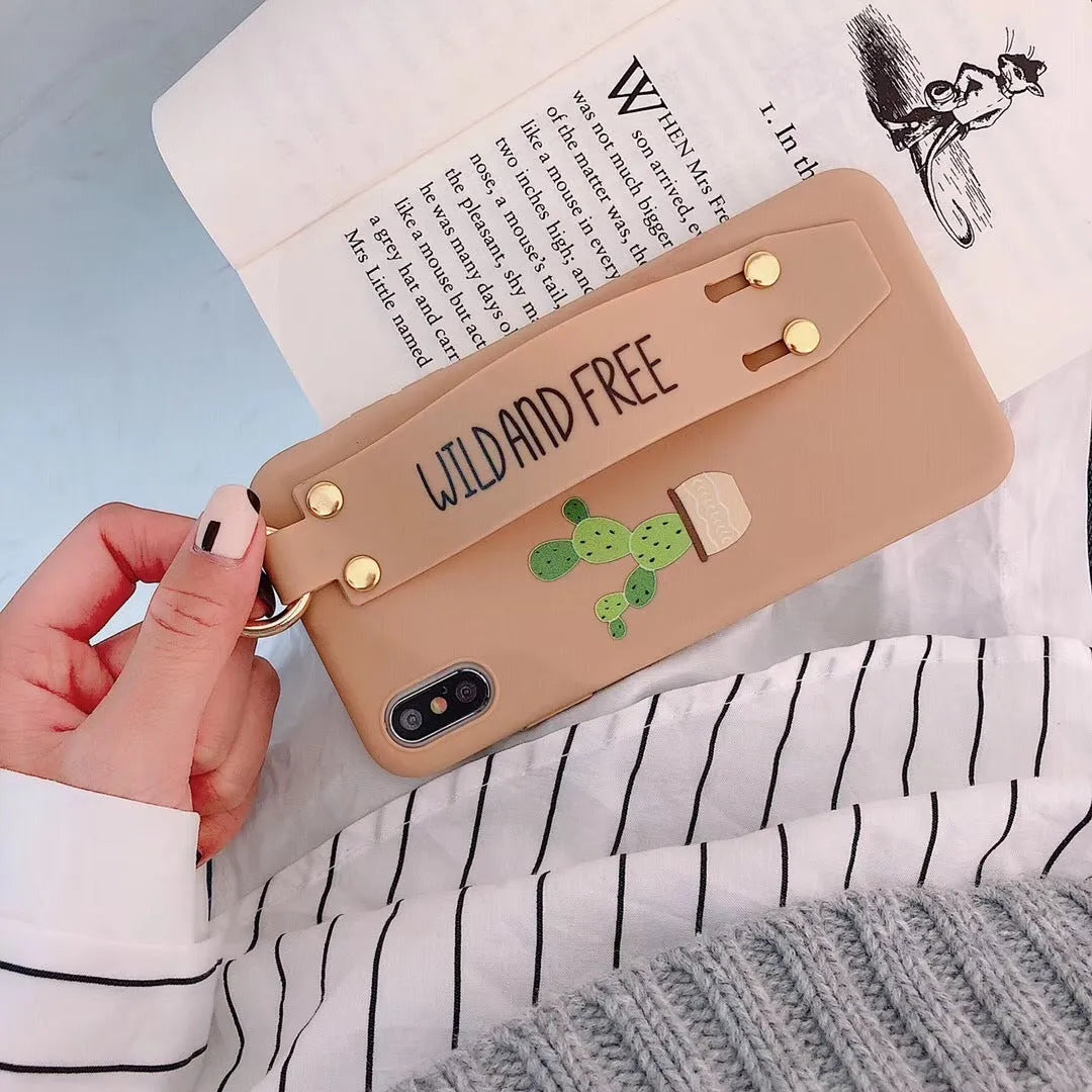 Green graffiti design wristband holder phone case for iPhone showing integrated strap and precise port cutouts