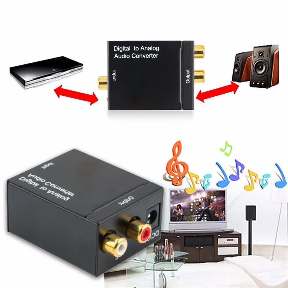 Black digital to analogue audio converter with optical cable and power supply