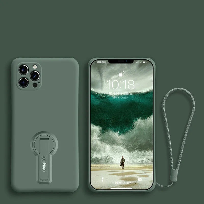 Liquid silicone anti-drop phone case for Apple iPhone 12 series, raised screen and camera protection, rotating bracket, lanyard, black colour