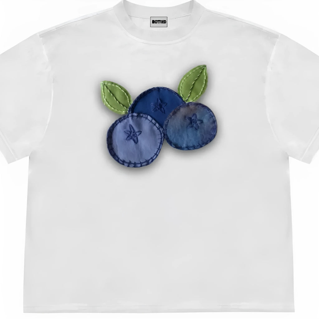 Women's loose fit blueberry patchwork short sleeve t-shirt with floral patterns in green
