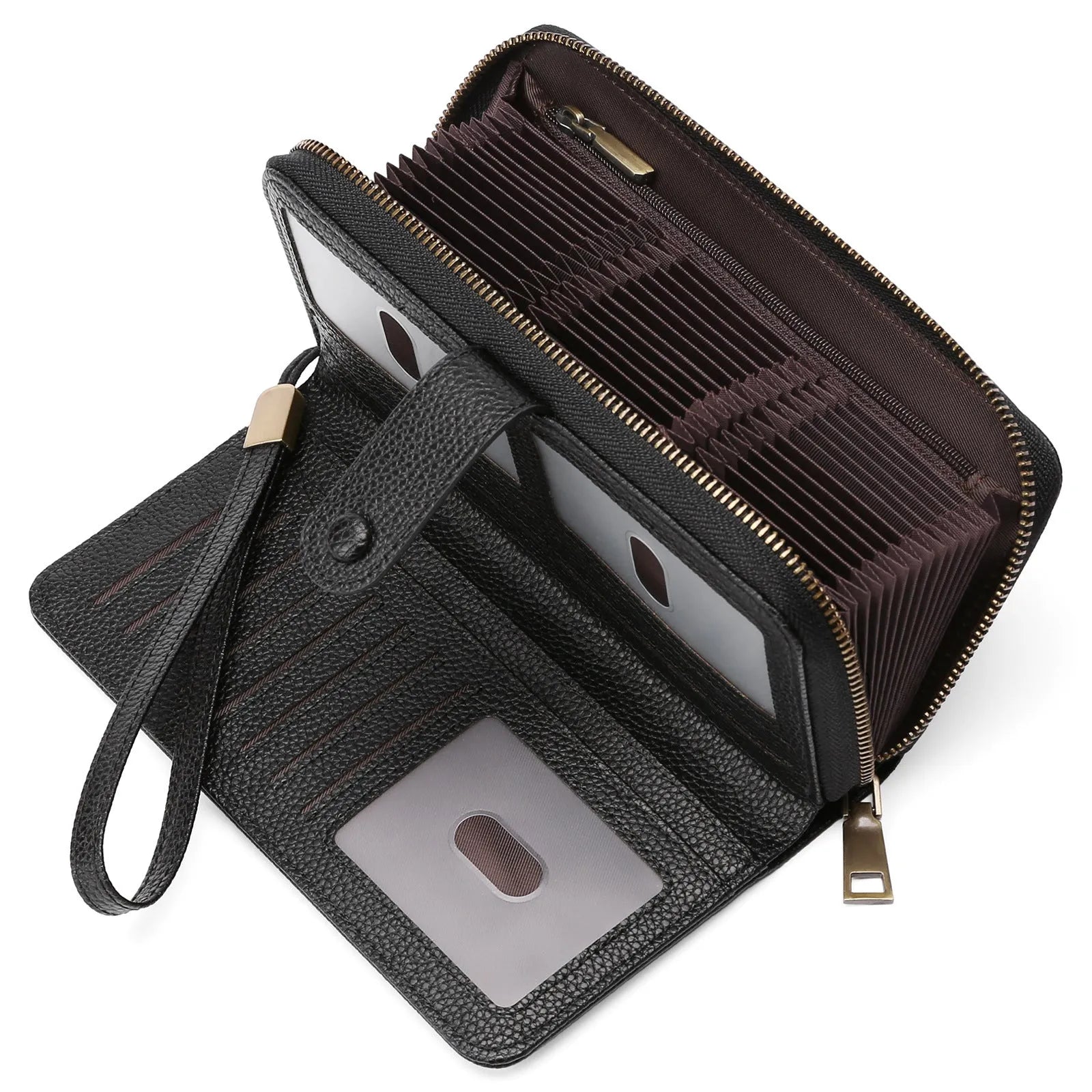 Light brown expanding card holder wallet for women showing multiple card slots and anti-theft swiping feature.