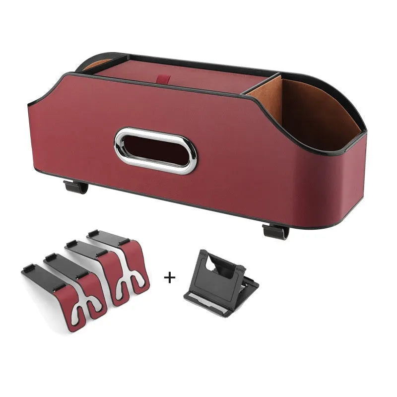 Genuine leather car and buggy storage bag for tissues and a cup, shown in beige colour.