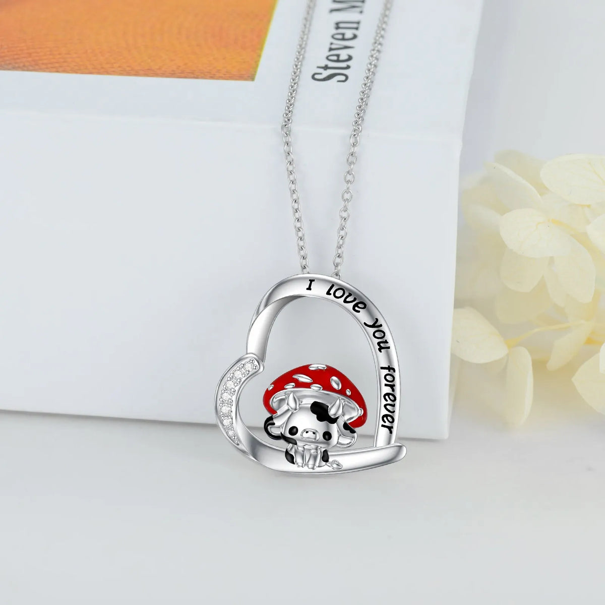 925 sterling silver cow necklace with mushroom hat pendant on love heart, 18in cable chain and 2in extender