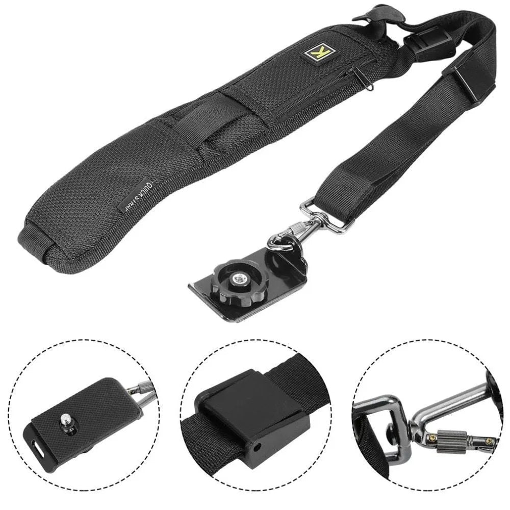 Black nylon DSLR camera shoulder strap with quick-adjust buckle and 75mm wide shoulder pad
