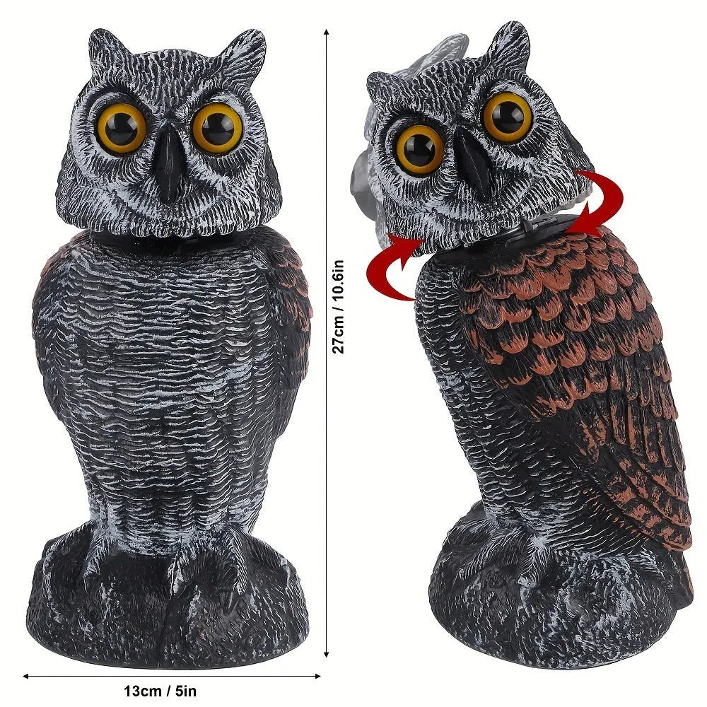 PE plastic artificial owl decoy with moving head, a bird scare ornament for outdoor use.