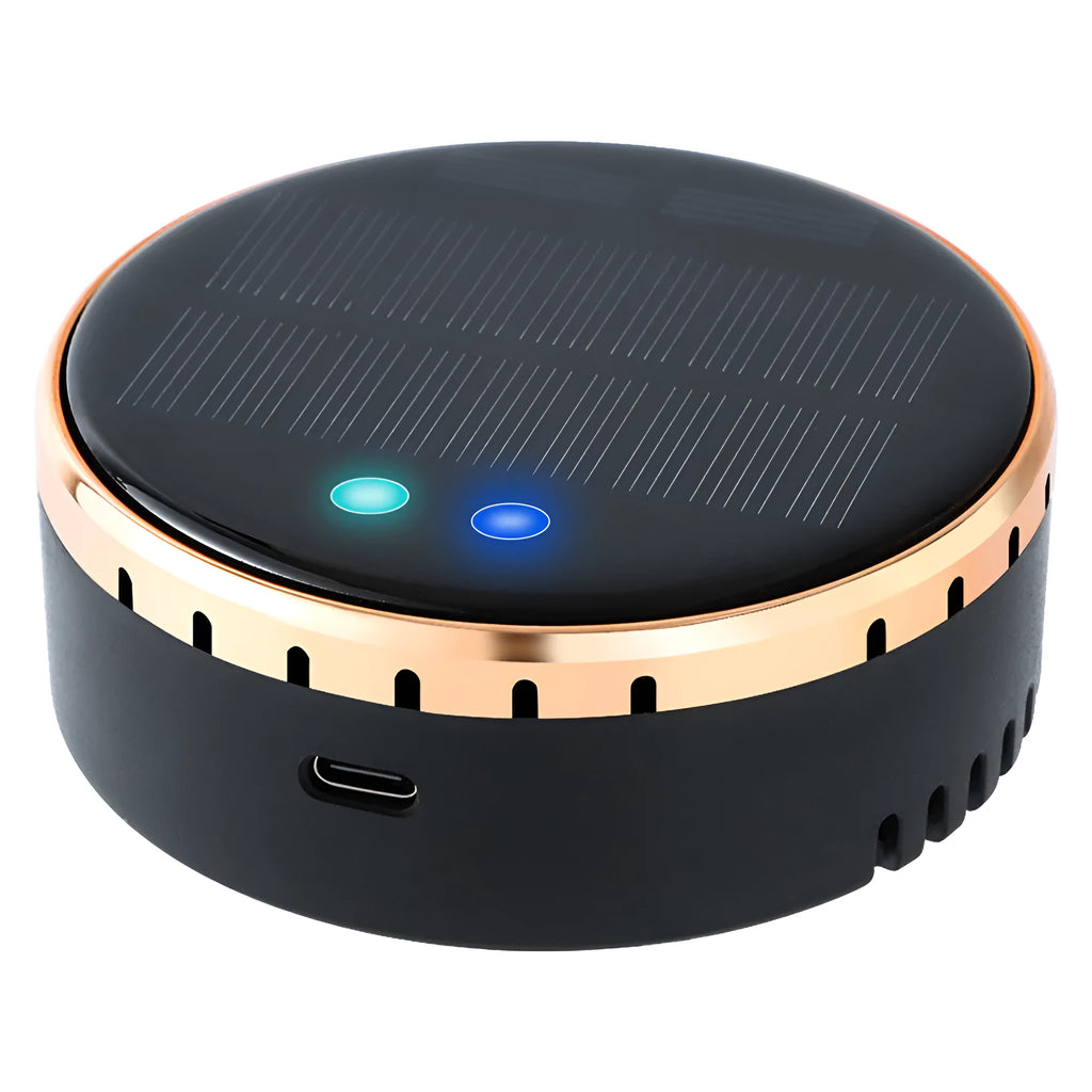 Black solar-powered car humidifier mounted in a vehicle air conditioning vent.