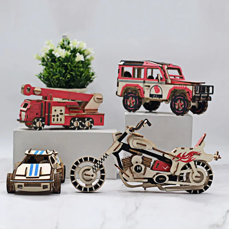 3D wooden puzzle kit showing a Ferrari style model with interlocking pieces on a table