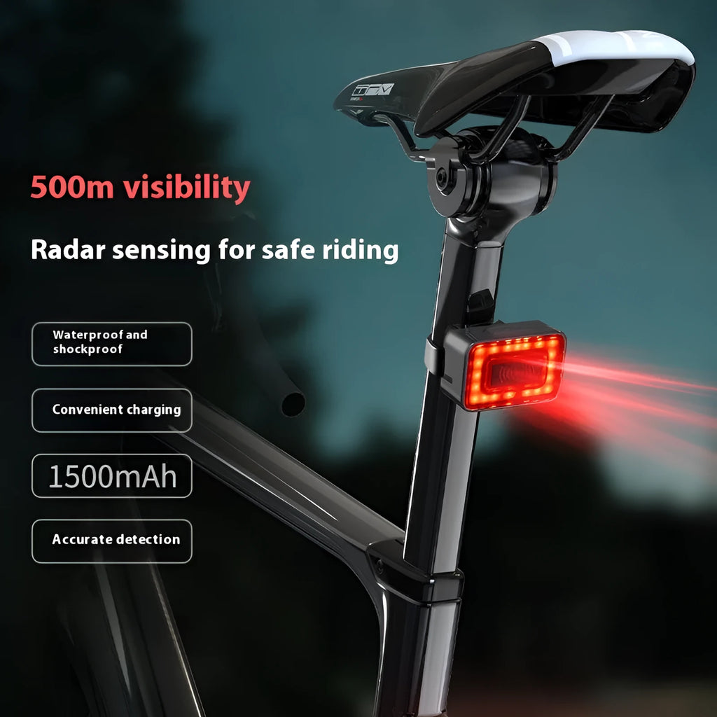 Black radar bicycle taillight with dual mounting bracket, showing TYPE-C charging port and LED lens.