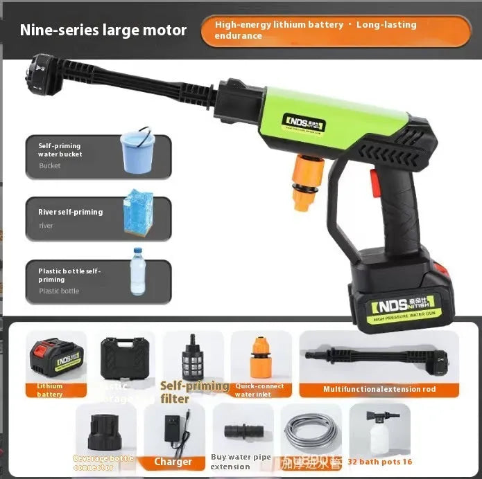 Wireless high pressure water gun with multi-function nozzle in green or yellow plastic zinc alloy construction