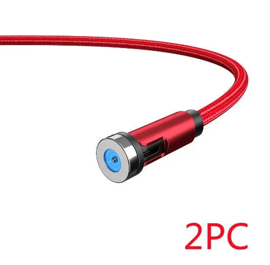 Essager black magnetic USB cable with 360-degree rotating head and blue LED light, shown with Micro USB, Lightning, and Type C tips.