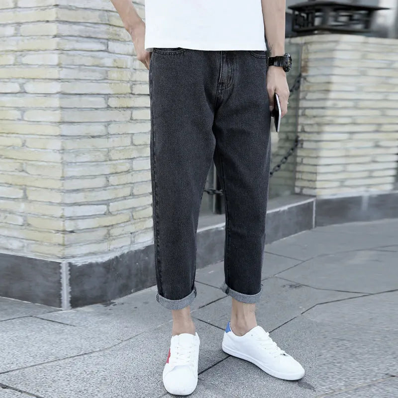Men's loose straight leg harem jeans in black and blue colours with cotton fabric