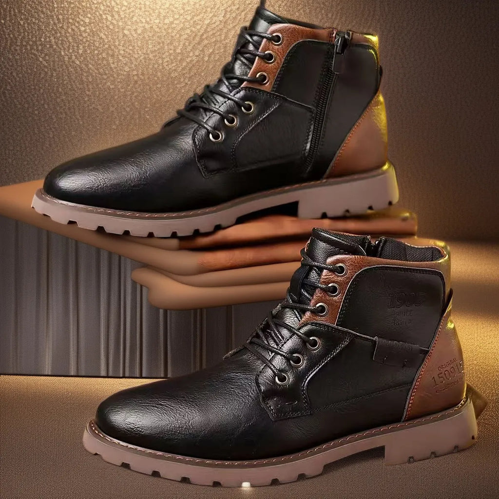 Men's brown side-zip Martin ankle boots with a round toe and rubber sole.