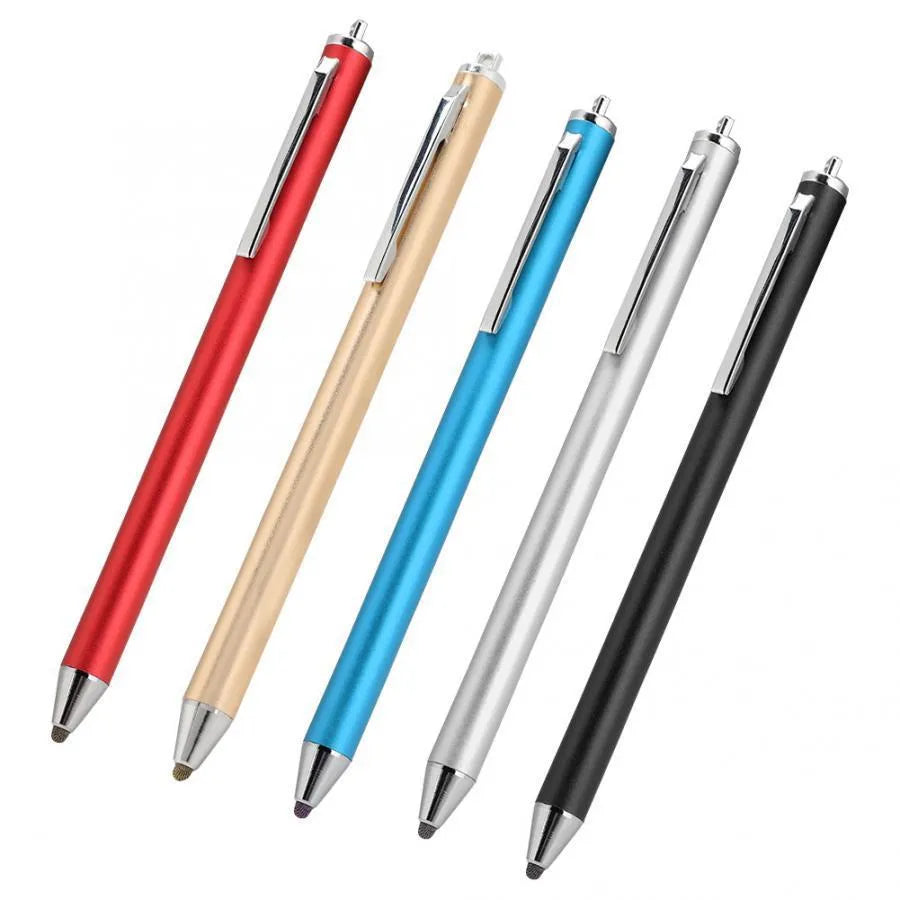 Fine tip metal stylus pen for touch screen tablets and smartphones in assorted colours.