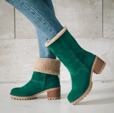 Women's suede mid-tube snow boots with a thick heel and round toe in multiple colours.