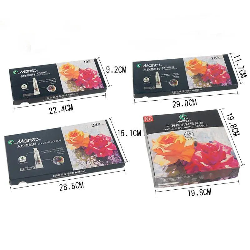 Boxed set of gouache paint tubes in 12, 18, or 24 assorted colours for artists.