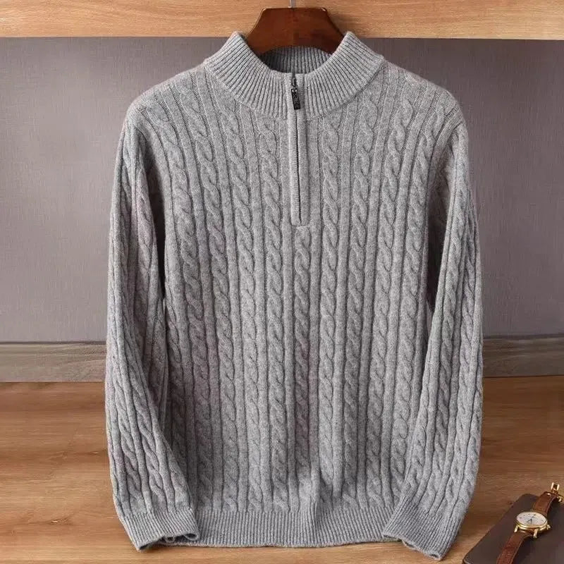 Men's thick twist jacquard sweater with half-zip high collar in grey, cotton blend and rabbit fur, long sleeve winter pullover