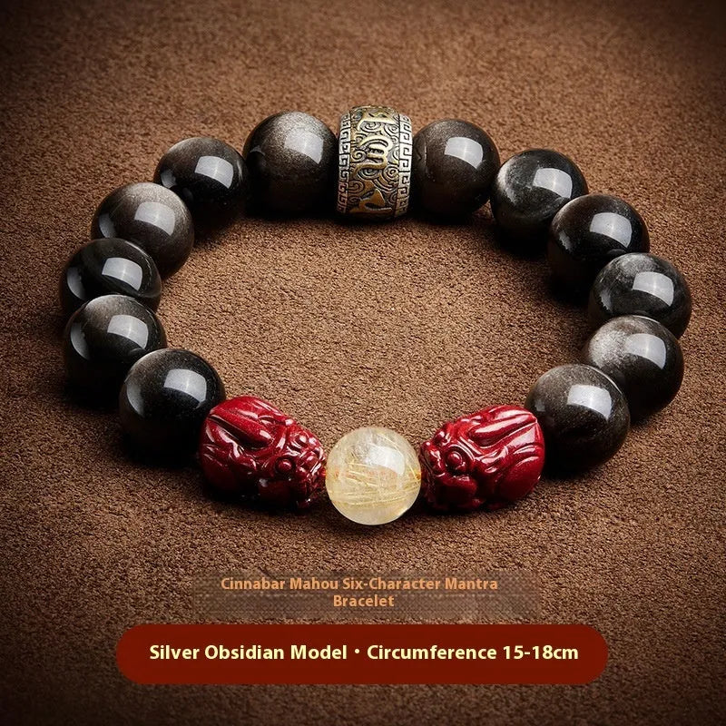 Hand-carved cinnabar bead bracelet with Jinniu zodiac design in gold obsidian colour