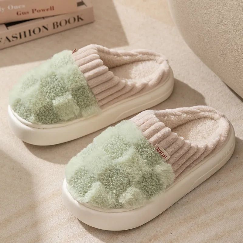 Women's plush house slippers in multiple colours with non-slip soles for indoor autumn and winter wear