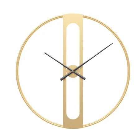 Large round metal wall clock with Roman numerals on a white wall.