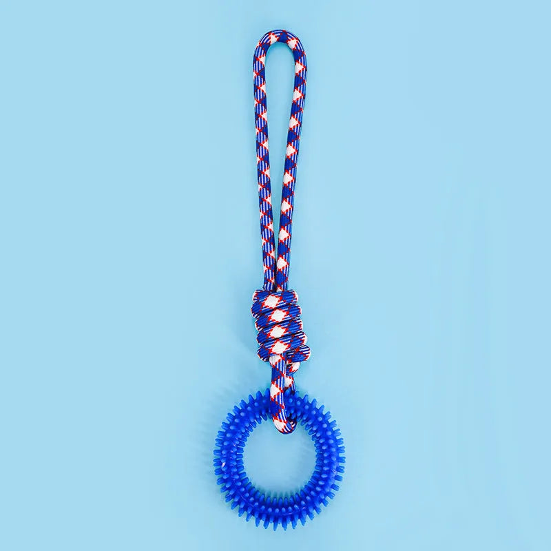 Blue, red and rose red braided rope dog toy with knots for aggressive chewing