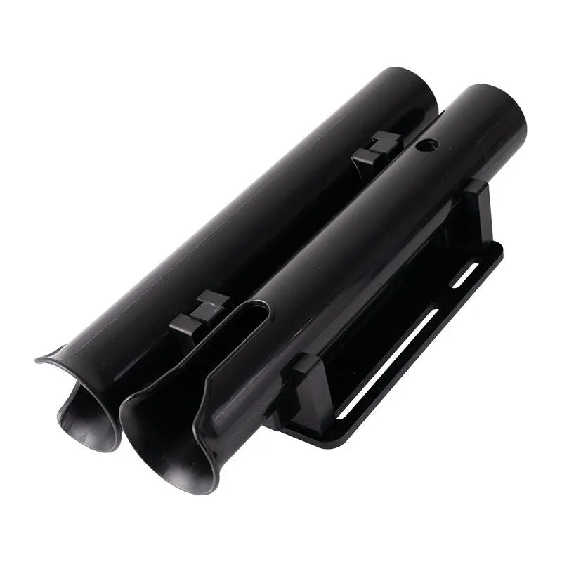 Double-layer plastic fishing rod rack with adjustable clamp mounted on bicycle frame