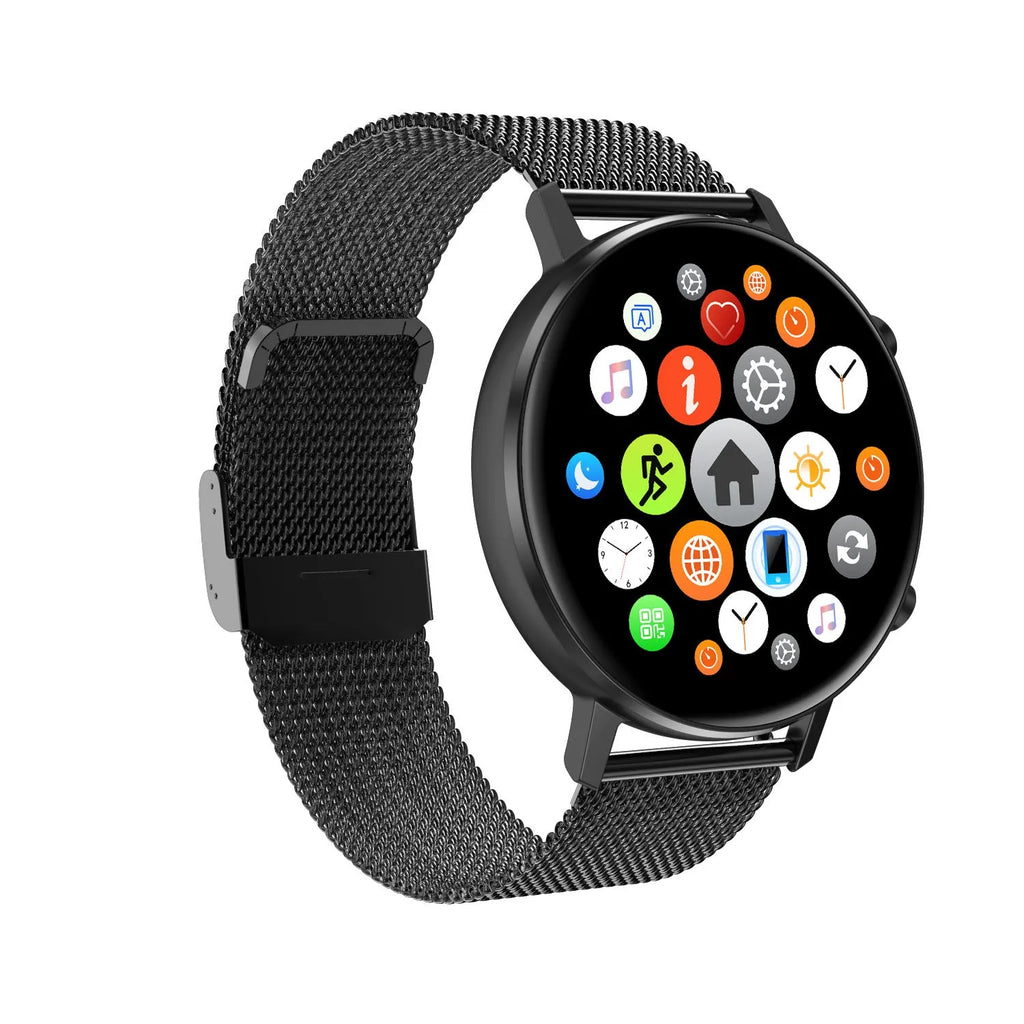DT96 smart fitness tracker with 1.3-inch screen and steel wrist strap in black, rose gold, or silver.
