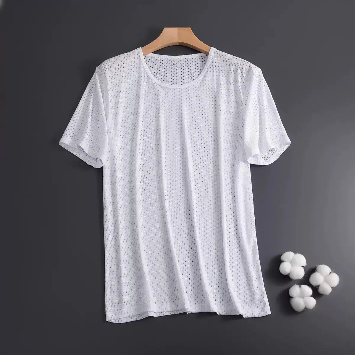 Men's solid colour Ice Silk short sleeve crew neck t-shirt on a hanger.