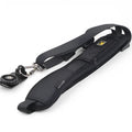 Black nylon DSLR camera shoulder strap with quick-adjust buckle and 75mm wide shoulder pad