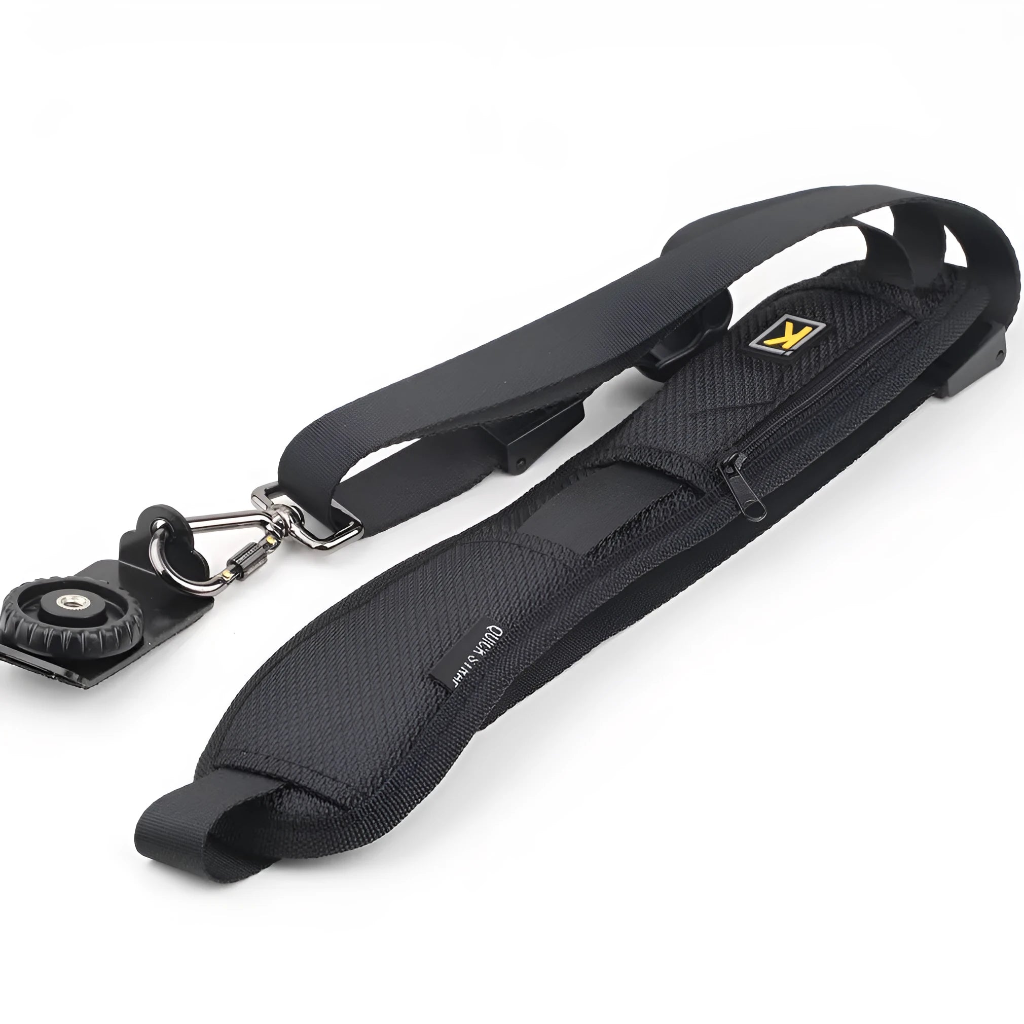 Black nylon DSLR camera shoulder strap with quick-adjust buckle and 75mm wide shoulder pad
