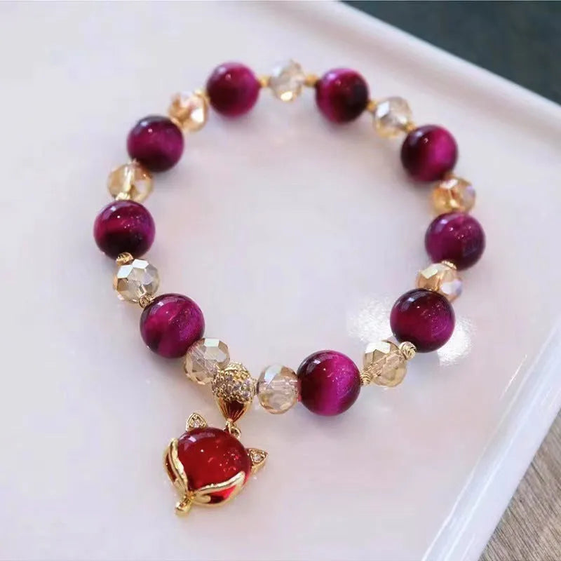Natural Tigereye stone crystal bracelet with single or double chain in rose red or green with Fox or Pixiu motifs