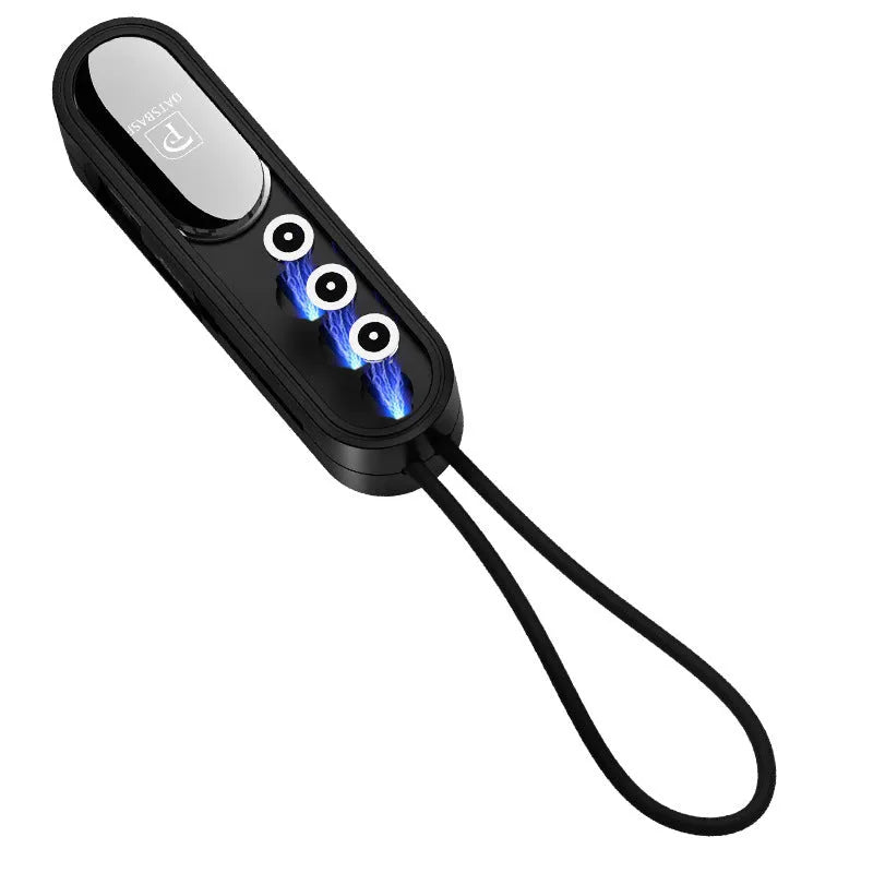 Magnetic three-in-one mobile phone charging cable with black, white, and red colour-coded tips
