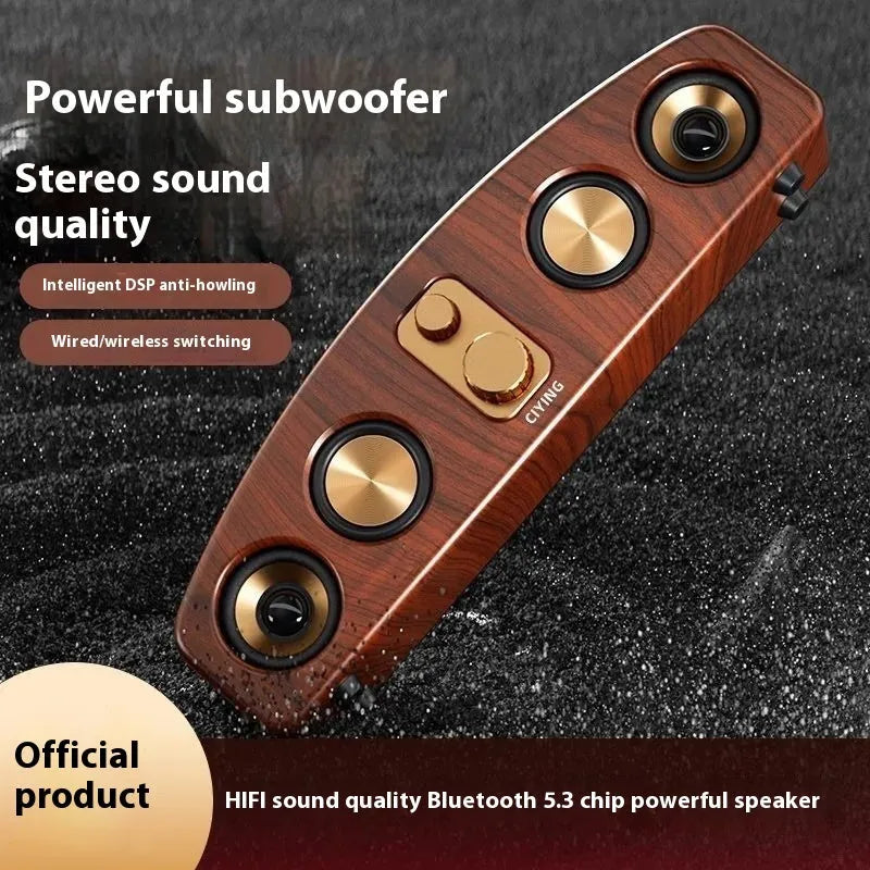 Retro portable Bluetooth speaker with wood grain finish and USB cable for outdoor use