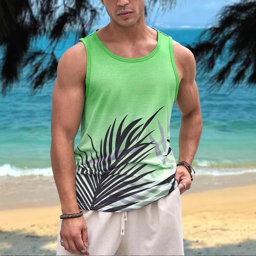 Men's 3D printed Hawaiian style sleeveless vest in solid colour on polyester pinhole cloth fabric