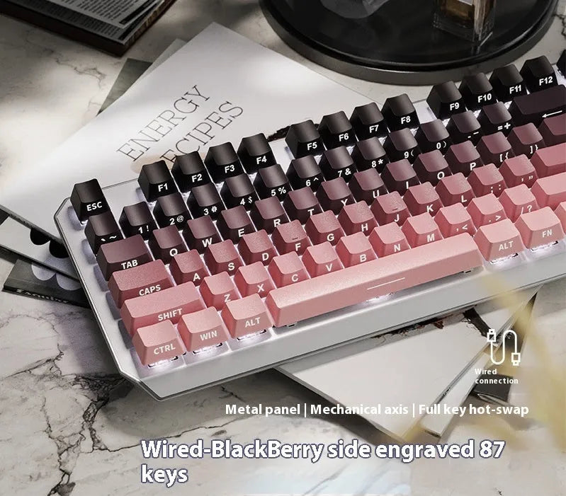 87-key wired mechanical keyboard with side-engraved keycaps, silver white finish, compact layout