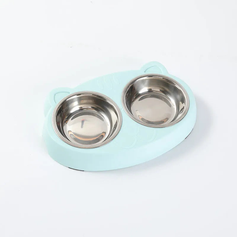 Blue macaron-shaped plastic pet feeder with two bowls and adjustable height legs